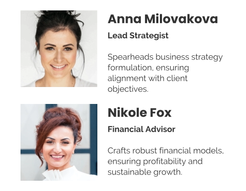 Anna Milovakova Lead Strategist  Spearheads business strategy formulation, ensuring alignment with client objectives. Nikole Fox Financial Advisor  Crafts robust financial models, ensuring profitability and sustainable growth.