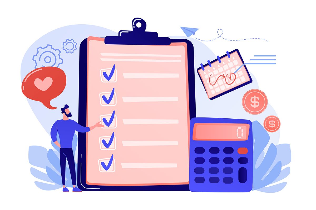Financial analyst planning at checklist on clipboard, calculator and calendar. Budget planning, balanced budget, company budget management concept. Pink coral blue vector isolated illustration Budget planning concept vector illustration.