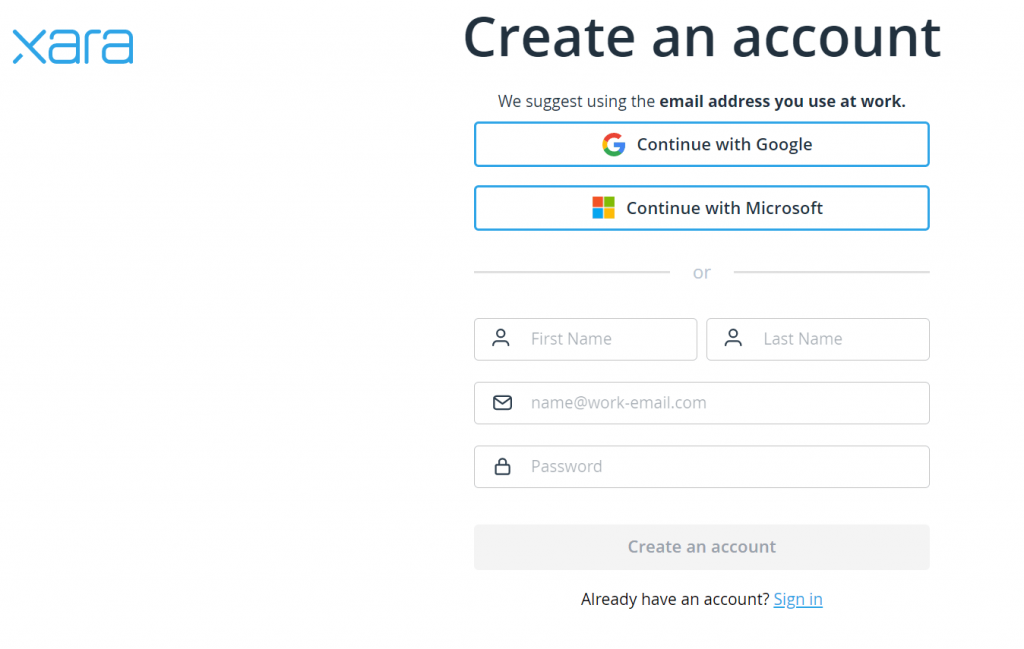 Create an account in Xara Cloud