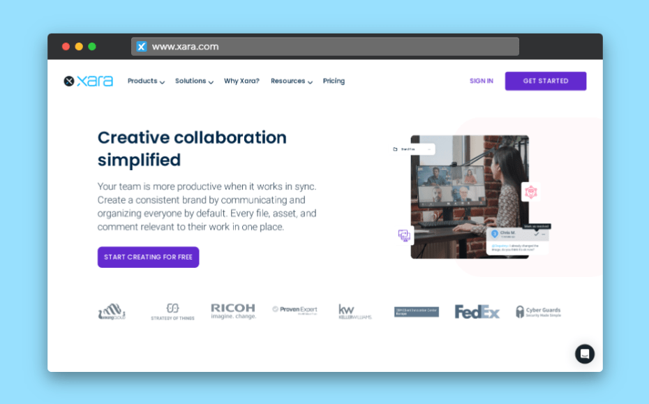 Landing page for creative collaboration on Xara.com