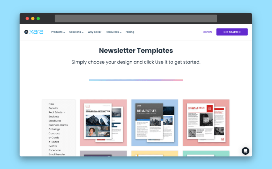  Landing page for Xara’s unique templates with the newsletter templates shown