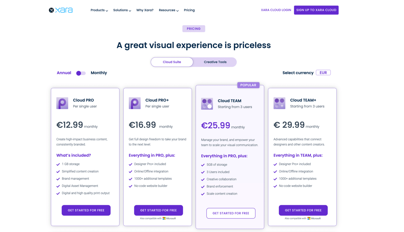 Xara Cloud Pricing