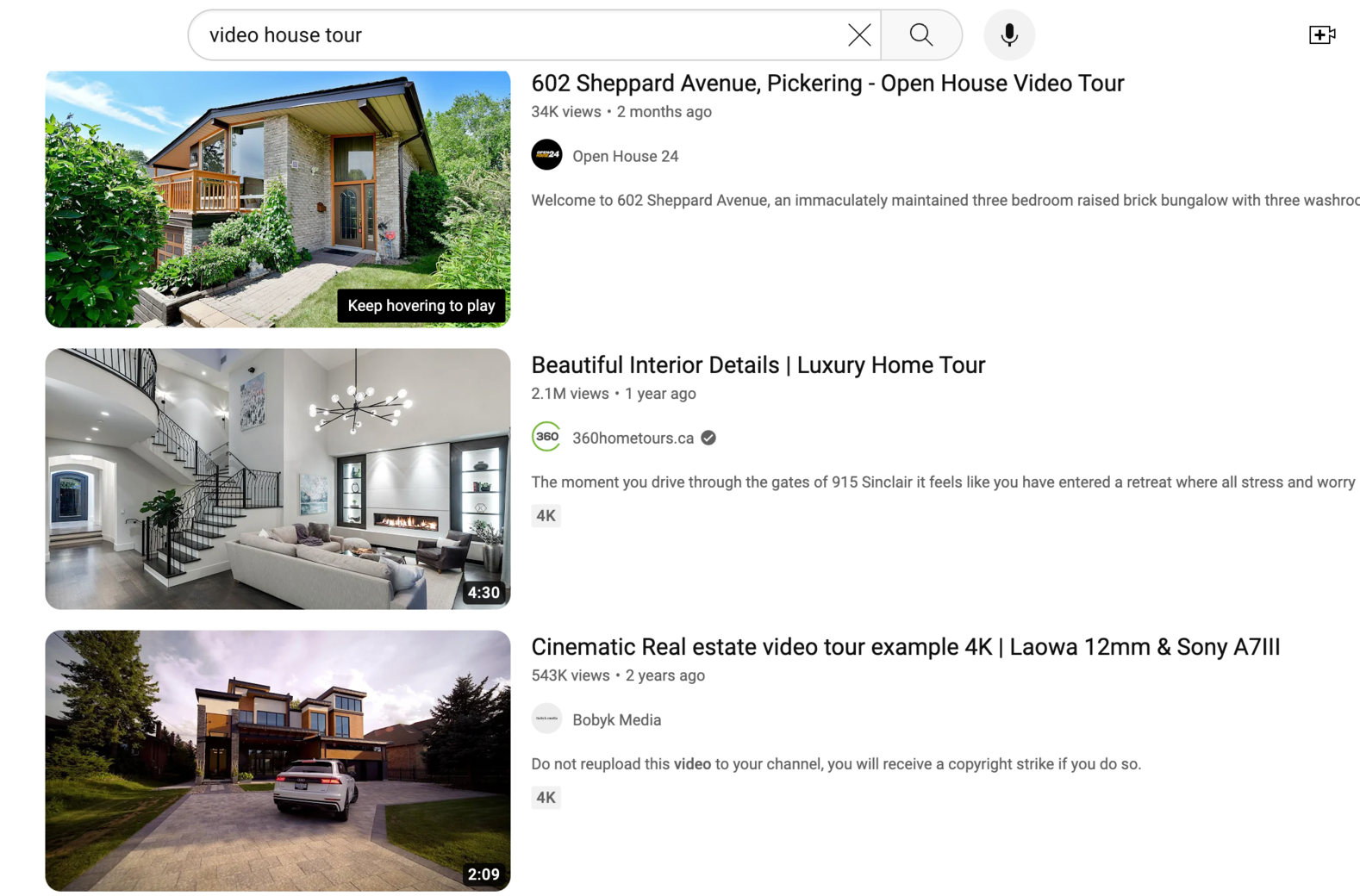 three examples of real estate video house tours on YouTube