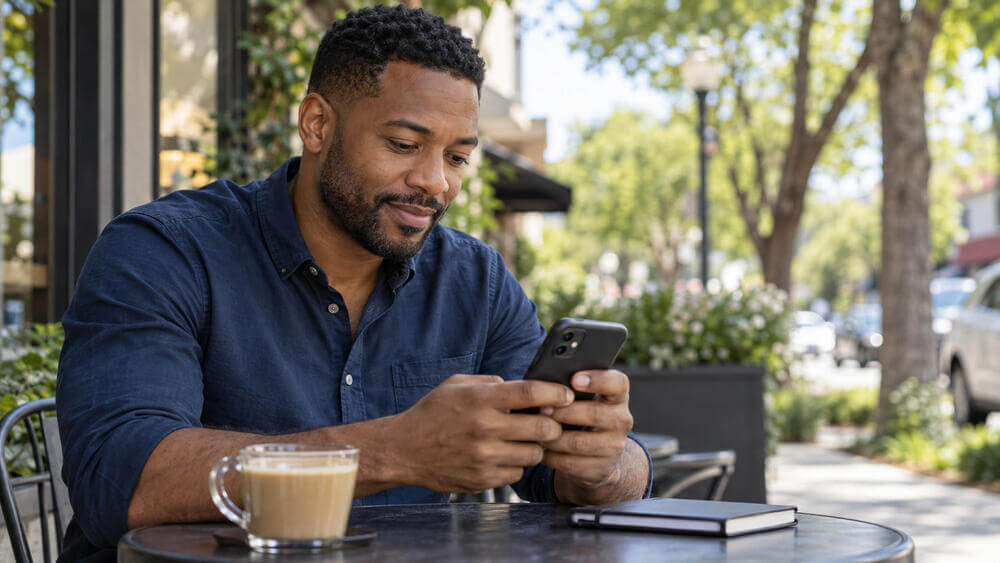 A real estate agent responding on a smartphone at an outdoor café table.