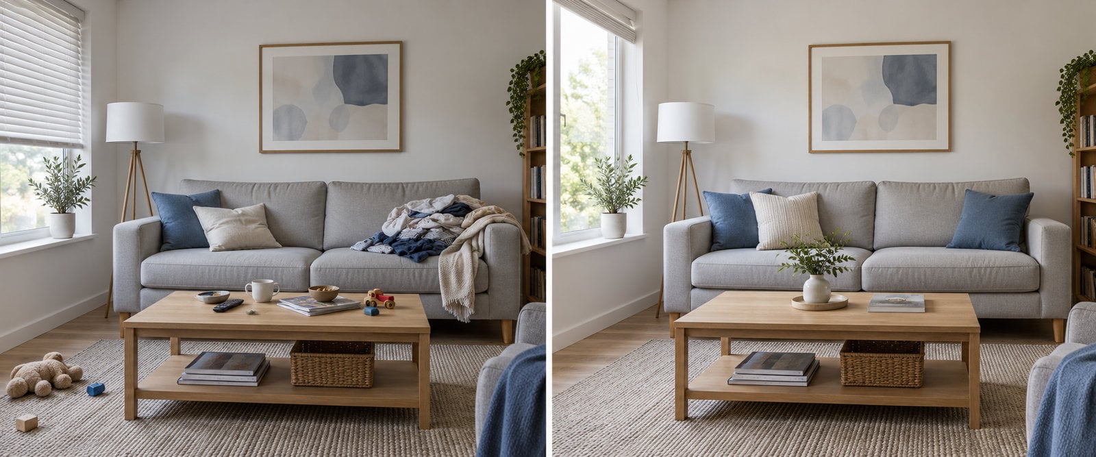 The same living room before and after tidying for listing photos, with clutter removed and window blinds raised.