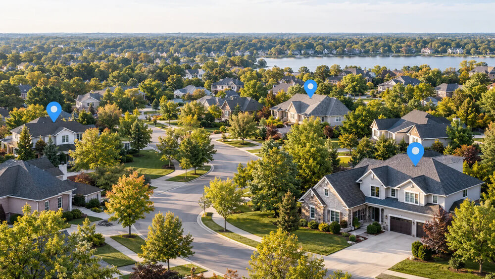 Aerial view of a leafy suburban neighborhood with three blue location markers.