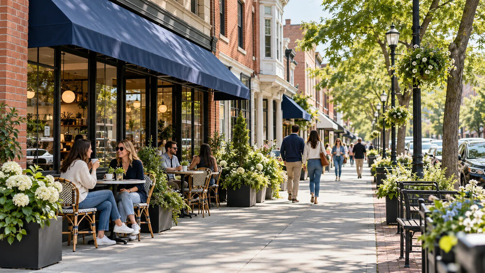People enjoying an outdoor cafe and walking along a tree-lined neighborhood shopping street.
