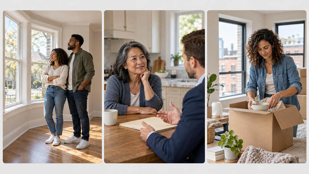 Three photographic panels showing a couple touring a home, a homeowner discussing plans and a person unpacking after a move.