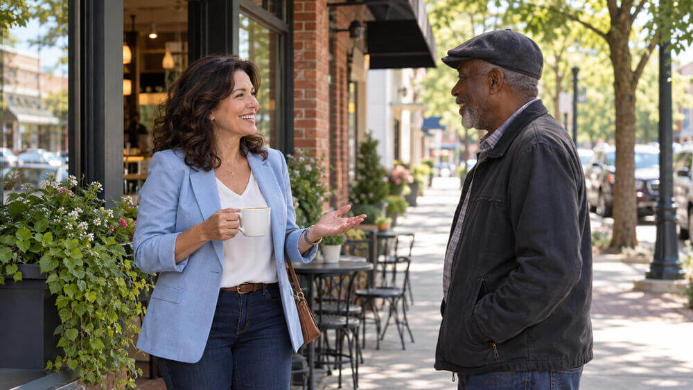 A real estate professional greeting a neighbor outside a café on a tree-lined street.
