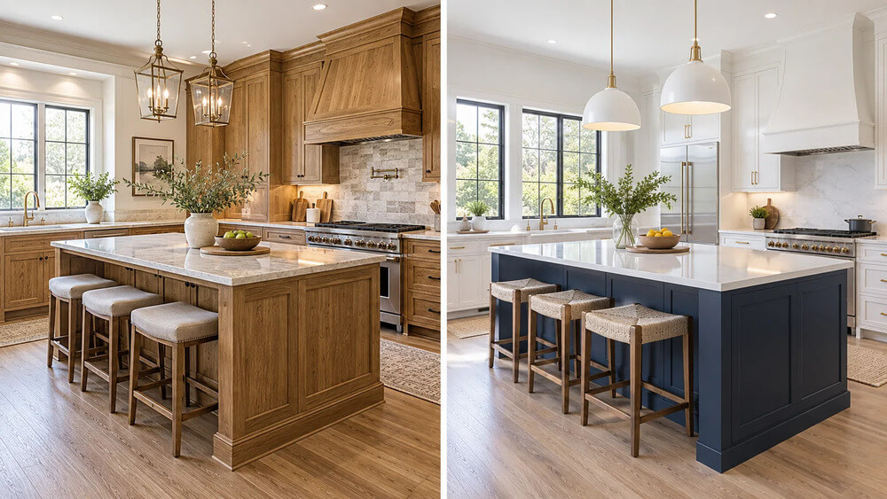 Side-by-side views of an oak kitchen and a white kitchen with a navy island.