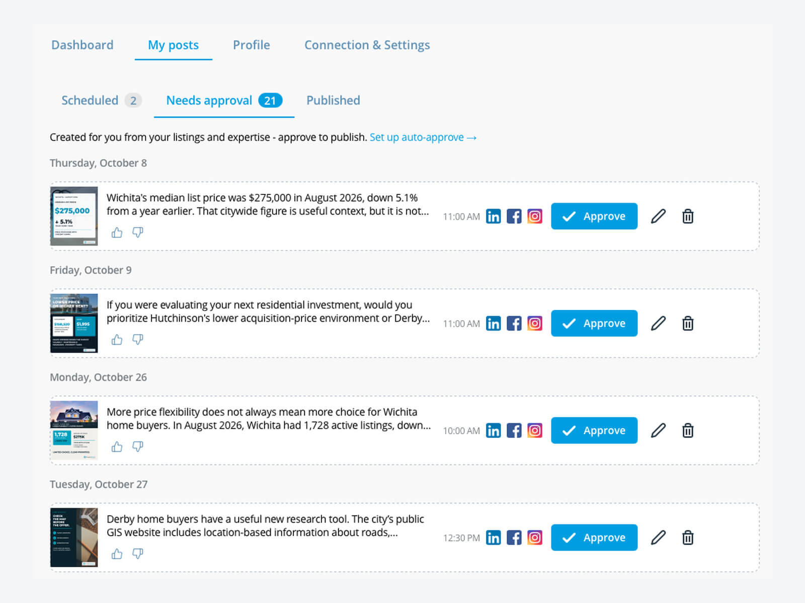 Xara Social Media Manager approval queue showing dated post previews, social channels and approve, edit and delete controls.