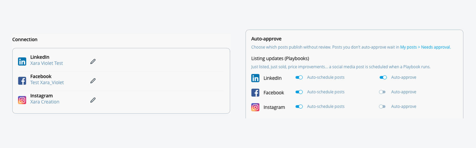 Xara Social Media Manager connection and auto-approval settings for LinkedIn, Facebook and Instagram.