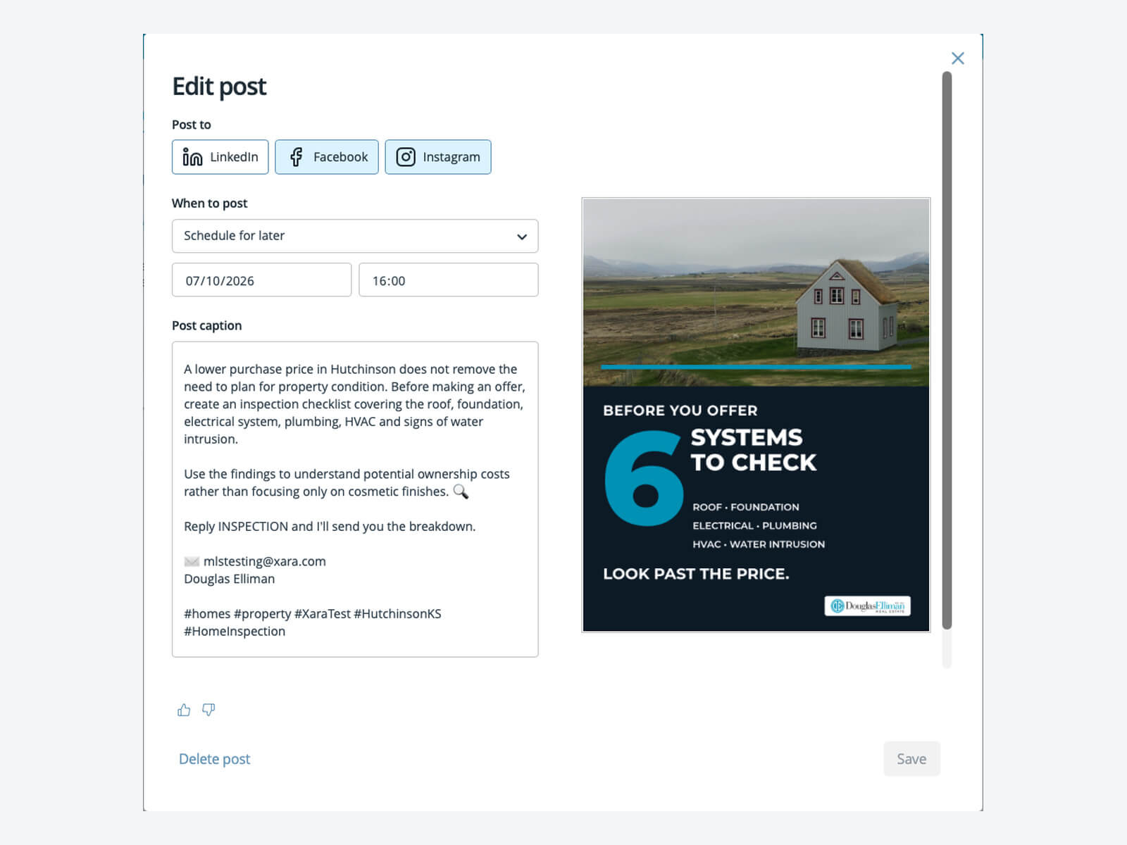 Xara post editor showing social-channel selection, scheduled date and time, editable caption and a home-inspection post preview.